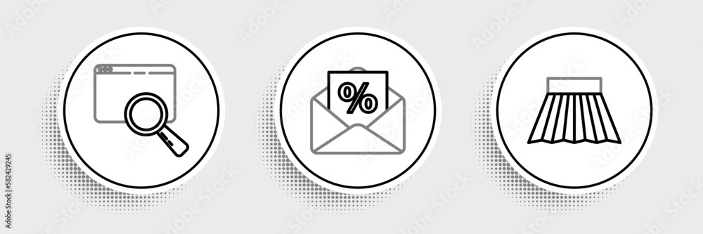 Poster set line skirt, search in a browser window and envelope with an interest discount icon. vector