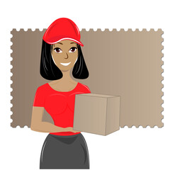 The girl courier carries out logistics for the delivery of the parcel. Express delivery concept.