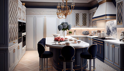 Artistic Elegance A Kitchen with Creative Features and Sophisticated Style, Kitchen room illustration. Generative AI