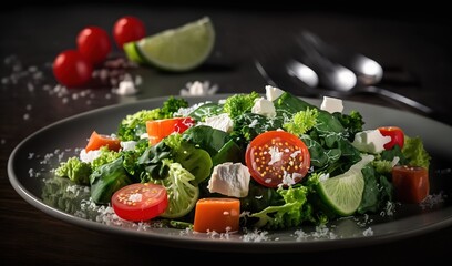  a plate of salad with tomatoes, lettuce and cheese.  generative ai