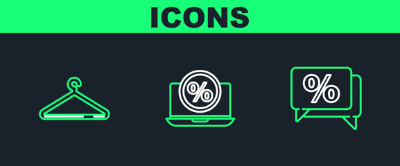 Set line Discount percent tag, Hanger wardrobe and Percent discount and laptop icon. Vector