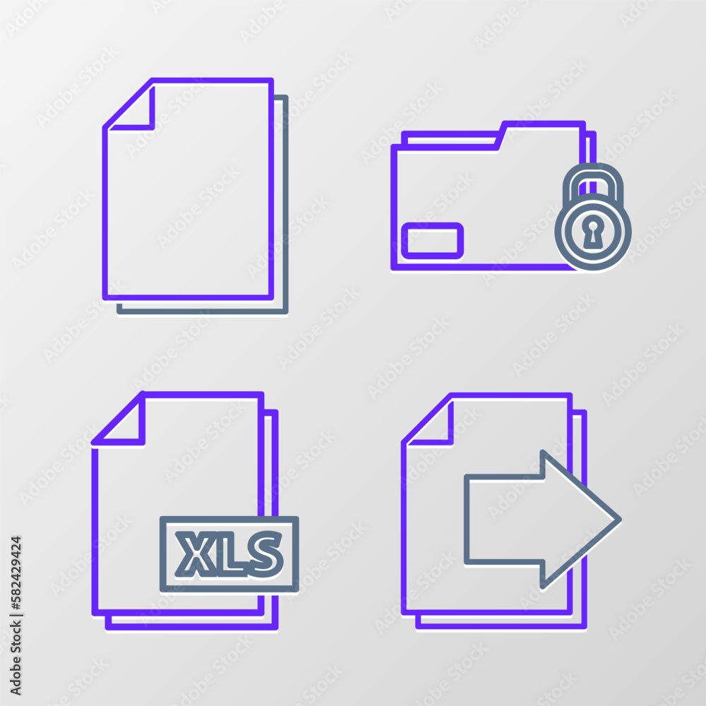Poster set line next page arrow, xls file document, folder and lock and document icon. vector