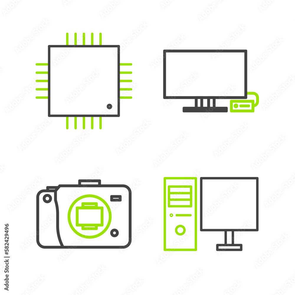 Poster set line computer monitor, mirrorless camera, smart tv and processor with microcircuits cpu icon. ve