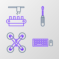 Set line Keyboard and mouse, Drone flying, Screwdriver and Factory conveyor system belt icon. Vector