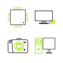 Set line Computer monitor, Mirrorless camera, Smart Tv and Processor with microcircuits CPU icon. Vector