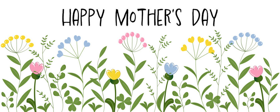 Einen sch&ouml;nen Muttertag. Banner f&uuml;r Gr&uuml;&szlig;e zum Muttertag mit Kr&auml;utern und Blumen in Pastellfarben.