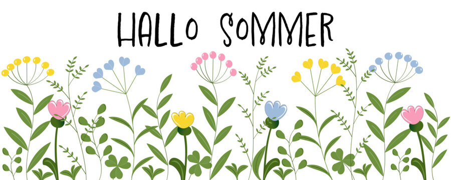 Hallo Sommer, Text in deutsch. Vektor-Banner mit Kräutern und Blumen in Pastellfarben.