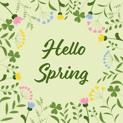 Hallo Frühling - Hello Spring. Grußkarte mit Blättern und Blumen in Pastellfarben.