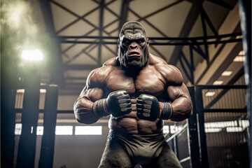 Fototapeta na wymiar Portrait of angry gorilla MMA fighter, powerful and muscular, anthropomorphic sportsman in mixed martial arts fights, sports concept, generated by ai