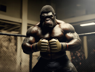 Fototapeta na wymiar Portrait of angry gorilla MMA fighter, powerful and muscular, anthropomorphic sportsman in mixed martial arts octagon, sports concept, generated by ai