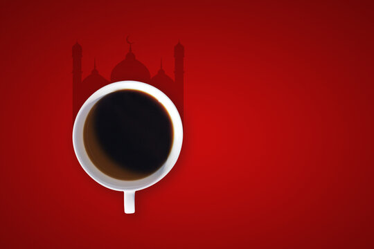Coffee cup with mosque shadow Happy ramadan, happy eid, islamic design, islamic moon, ramadan invitation and islamic greeting photo.