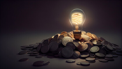 Obraz na płótnie Canvas Light bulb and pile of coins, copy space with Generative AI Technology