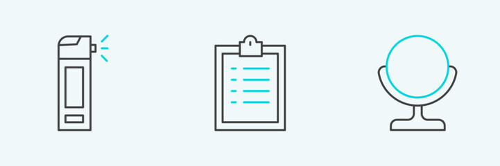 Set line Round makeup mirror, Bottle with nozzle spray and Clipboard checklist icon. Vector