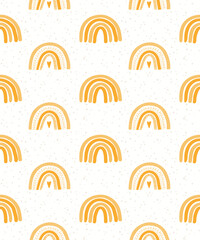 Cute rainbows, hearts, dots seamless pattern on white background. Hand drawn vector illustration. Scandinavian style flat design. Concept kids textile, fashion print, bedroom wallpaper, package.