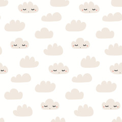 Clouds with cute faces seamless pattern on white background. Hand drawn vector illustration. Scandinavian style flat design. Concept kids textile, fashion print, bedroom wallpaper, package.