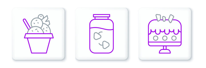 Set line Cake on plate, Ice cream in bowl and Strawberry jam jar icon. Vector
