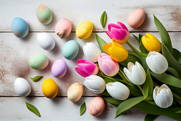 Obraz premium Plate with Easter eggs and tulip flowers on light wooden background, AI Generated