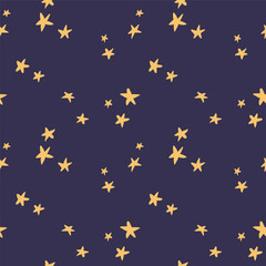 Scattered yellow stars, starry sky seamless pattern on blue background. Hand drawn vector illustration. Scandinavian style flat design. Concept kids textile, fashion print, bedroom wallpaper, package.