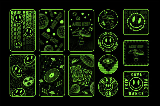Trippy smiles, psychedelic y2k stickers. Acid 90s melt graphic, toxic funny cool faces, happy rave symbols. Modern futuristic design. Green neon objects isolated, vector design badge