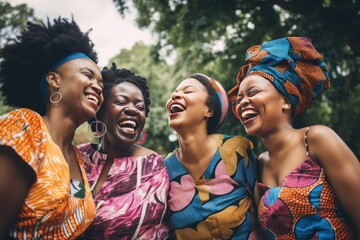 Sisters in the Park: Diverse African Women Celebrate Beauty and Friendship Outdoors. Generative AI.