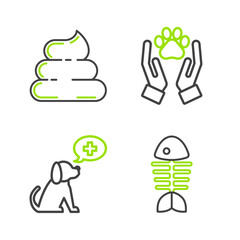 Set line Fish skeleton, Veterinary clinic symbol, Hands with animals footprint and Shit icon. Vector