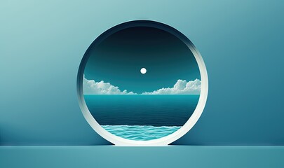  a round window with a view of the ocean and a moon.  generative ai