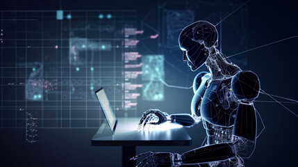 Robot touching a big data network connection. Science and artificial intelligence technology. innovation and futuristic. AI. Machine learning. generative ai.
