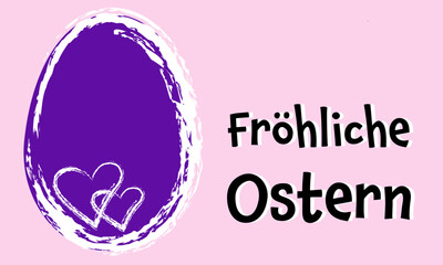 Fr&ouml;hliche Ostern, Text in deutsch. Lilafarbenes Osterei mit Herzen auf rosafarbenem Hintergrund f&uuml;r Ostergr&uuml;&szlig;e.