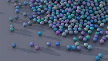 Group of blue, purple, green glossy balls. Abstract illustration, 3d render, close-up.