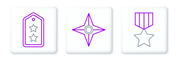 Set line Military reward medal, rank and Japanese ninja shuriken icon. Vector