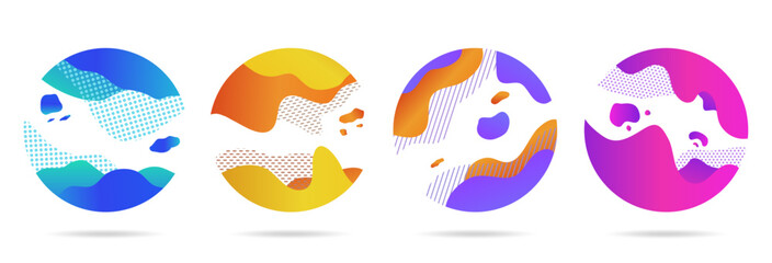 Circle liquid shapes, blend round elements, forming. Graphic eco geometric symbols, flow forms, abstract sales presentation, dynamic waves. Vector illustration logo design templates set