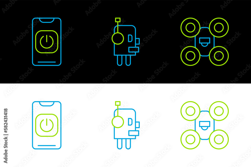 Poster set line drone, turn off robot from phone and robot icon. vector