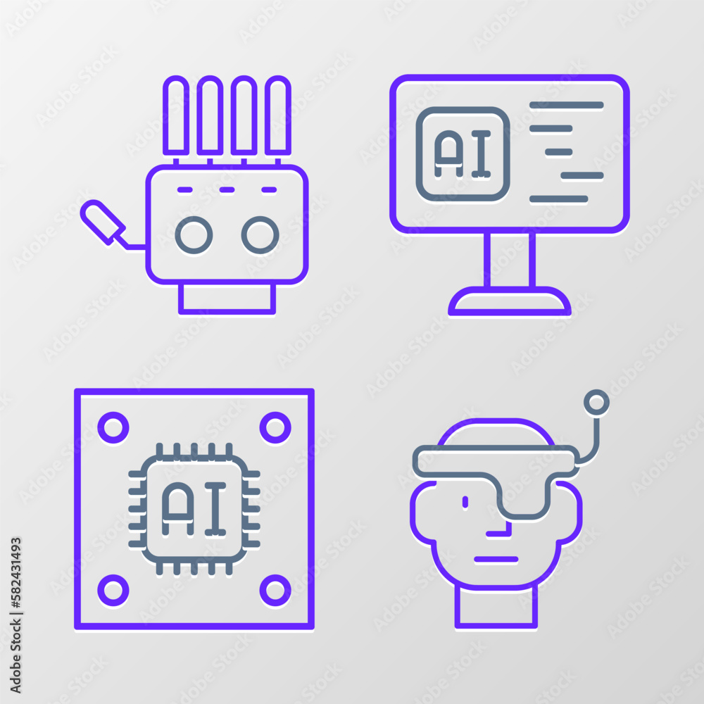 Poster set line smart glasses, processor with microcircuits cpu, software and mechanical robot hand icon. v