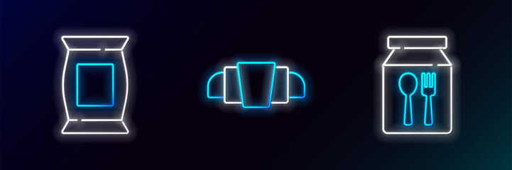 Fototapeta premium Set line Online ordering and delivery, Bag packet potato chips and Croissant icon. Glowing neon. Vector