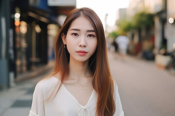 Teenager Asian Girl Face in General Public Place. She is Beautiful Girl was created by using generative AI tools.