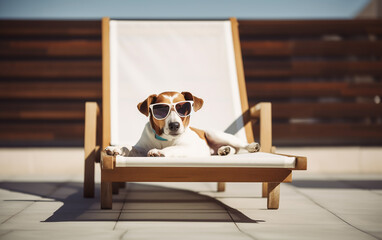 Jack Russell Terrier with sunglasses on sunbed, epitomizing relaxation and cool vibes on a sunny patio.