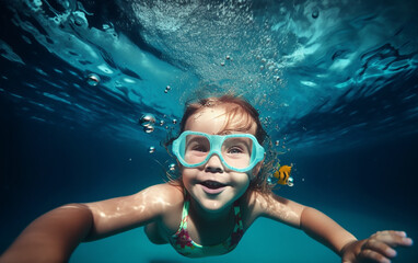Fototapeta premium Young girl swimming underwater with goggles, capturing the joy and adventure of childhood summers.