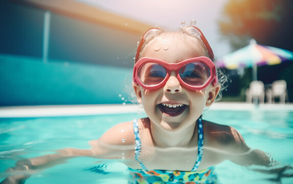 Happy child in swimming pool with pink goggles, enjoying water games on a bright summer day.
