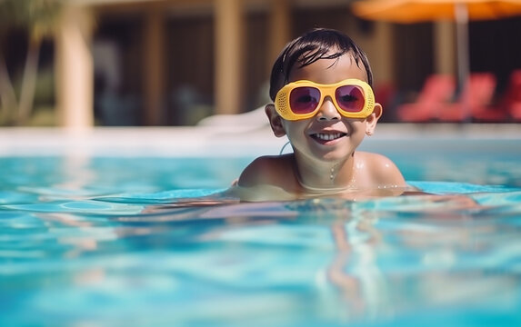 Happy child swims in the pool. Generative AI