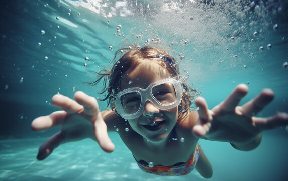 Happy child swims in the pool.Playful young girl swimming underwater, reaching out as if to embrace the viewer in a world of aquatic wonder.