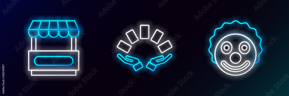 Poster set line clown head, fast street food cart and hand holding playing cards icon. glowing neon. vector