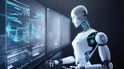 Robot touching a big data network connection. Science and artificial intelligence technology. innovation and futuristic. AI. Machine learning. generative ai.