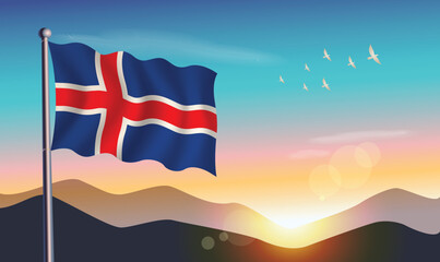 Iceland flag with mountains and morning sun in background