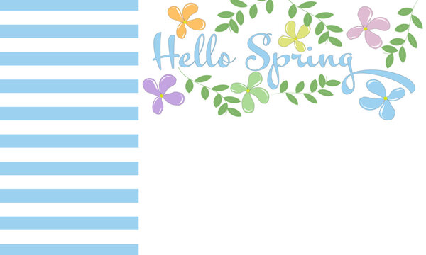Hello Spring - Hallo Frühling. Vektor Karte mit Streifen,  Blättern und Blüten in Pastellfarben. Freier Platz für Text.