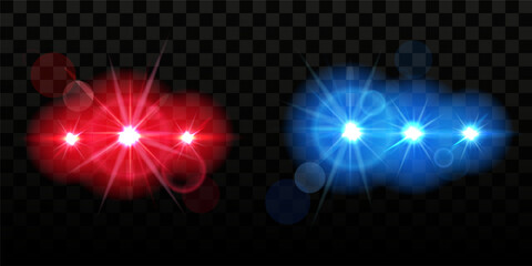 Blue and red siren lamp blink. Security blinding lights in dark. Automobile flare. Bright flash for law cop or police car. Lanterns glow. Emergency beacon. Vector realistic background © SpicyTruffel