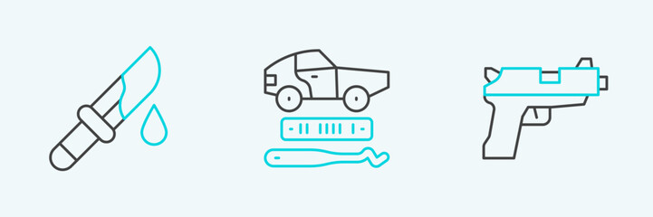 Set line Pistol or gun, Bloody knife and Car theft icon. Vector