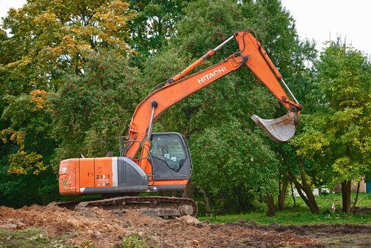 Minsk, Belarus. Sep 2022. Hitachi crawler excavator Hitachi ZAXIS 225USR at construction site. Industrial earthmover, excavation work. Earth moving heavy duty vehicle. Earthwork with heavy machinery.