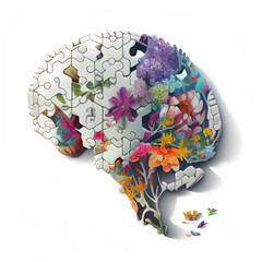 Thinking process, Brain as puzzle with nature. Conceptual image. Generative ai