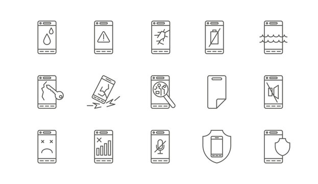 Phone error symbols. Smartphone security. Problem with mobile accessories. Waterproof shield. Scratch keys touching protection. Insurance cases. Mute microphone. Vector line icons set