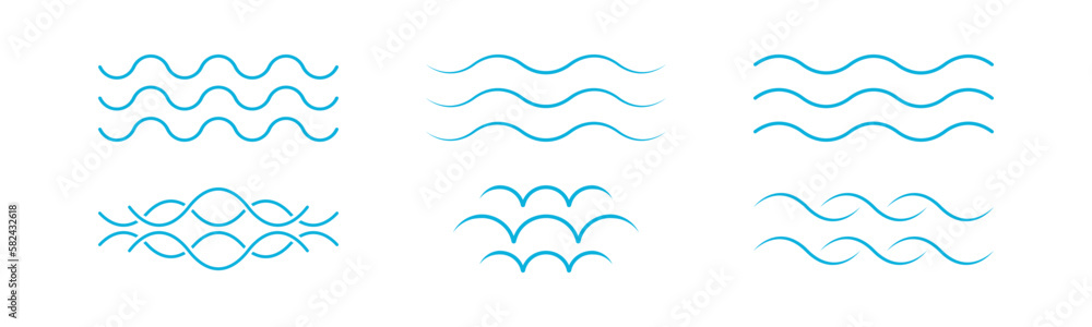Poster blue waves icon set isolated on white background. blue wave line and wavy zigzag seamless pattern li